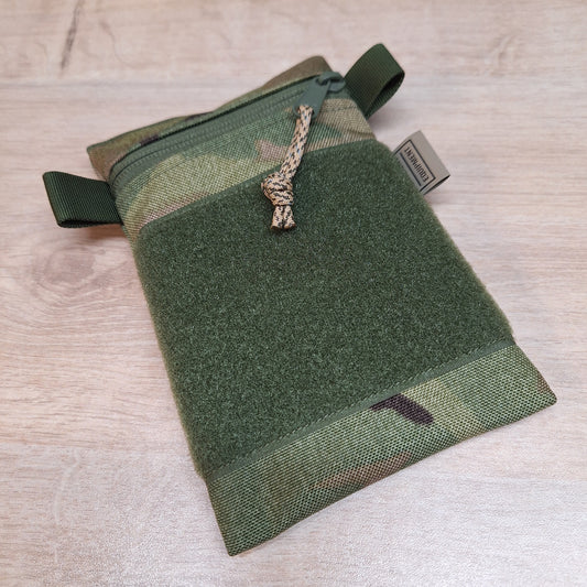 Multi Terrain Pattern Vertical Pouch with Dark Olive Loop Panel