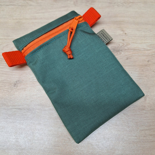 Bronze Green Vertical Pouch with Orange Zip