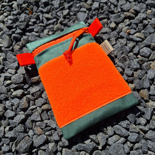 Bronze Green Vertical Pouch with Orange Zip, Webbing Tabs and Velcro