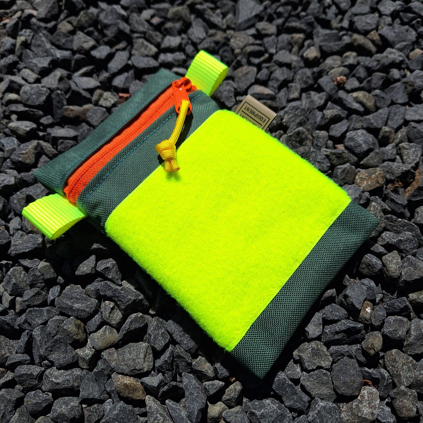 Bronze Green Vertical Pouch with Orange Zip,Flouro Yellow Tabs and Velcro