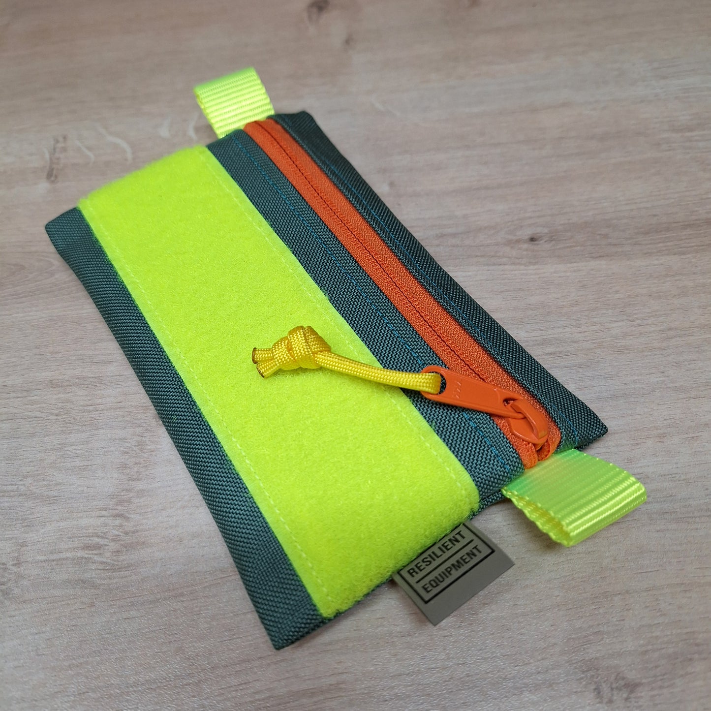 Bronze Green Simple EDC Pouch with Orange Zip and Flouro Yellow Velcro