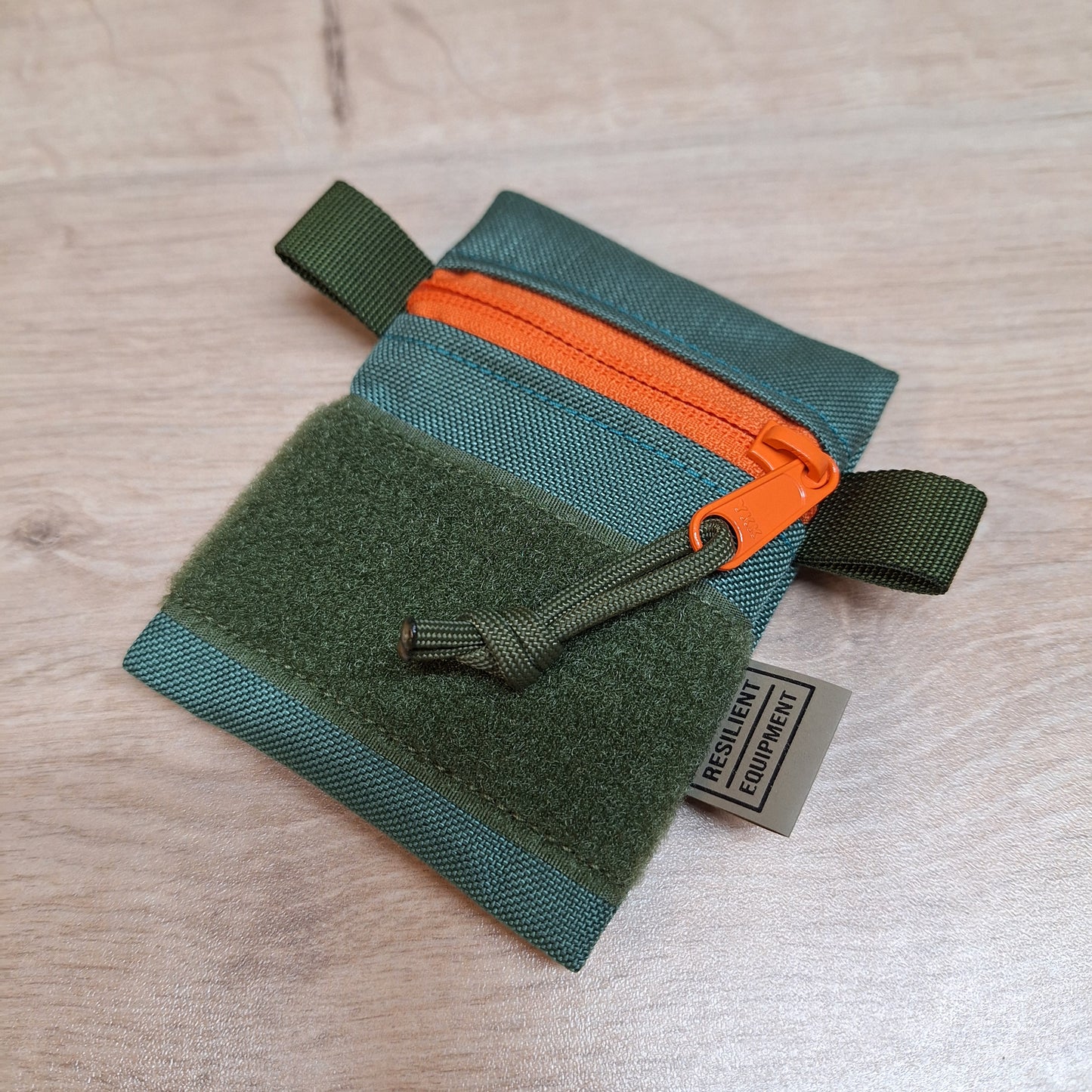 Bronze Green Mini Pouch with Orange Zip and Olive Velcro