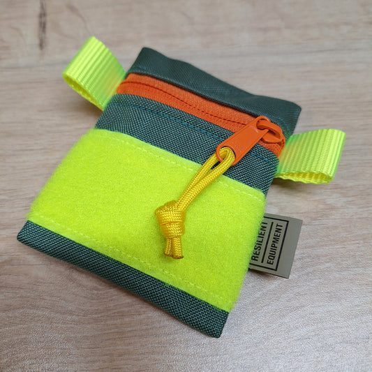 Bronze Green Mini Pouch with Orange Zip and Flouro Yellow Velcro