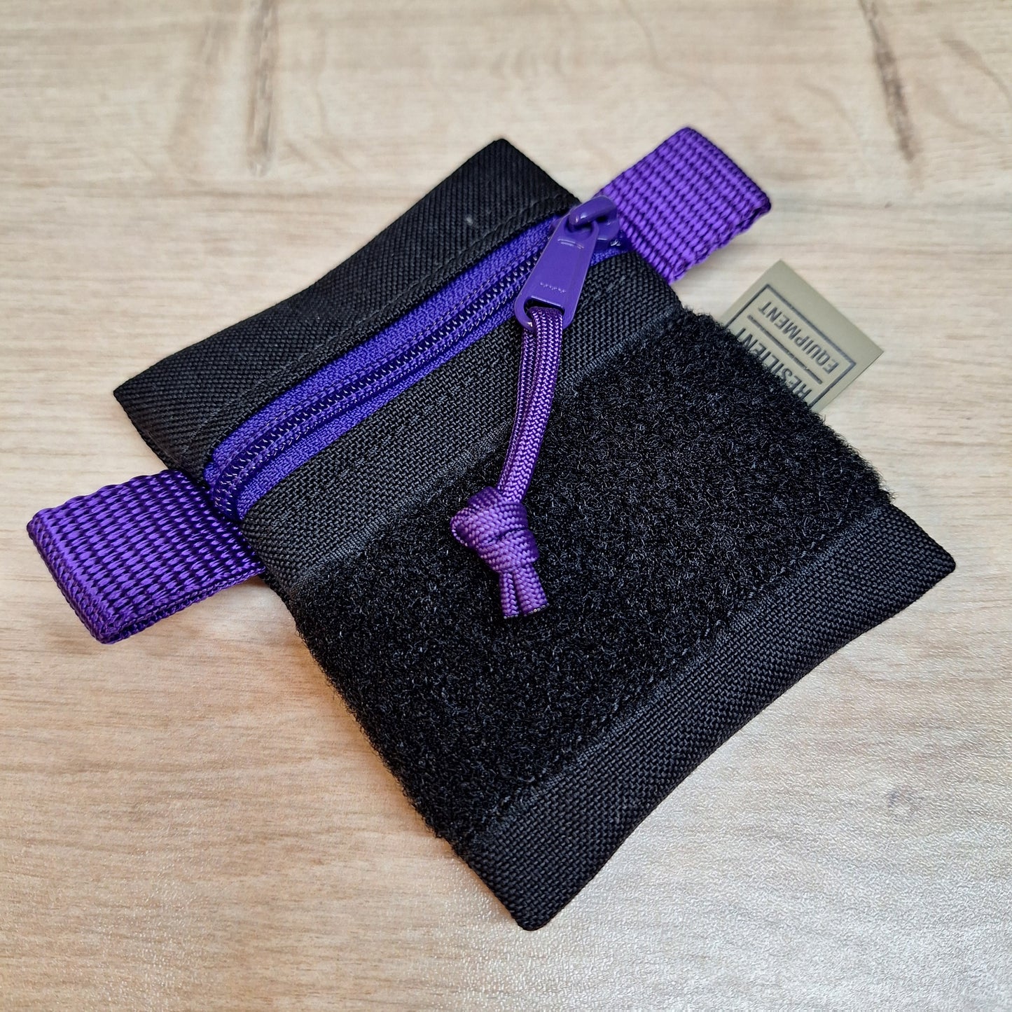 Black Mini Pouch with Purple Zip, Flouro Green Lining and Black Velcro