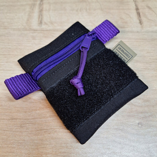 Black Mini Pouch with Purple Zip, Flouro Green Lining and Black Velcro