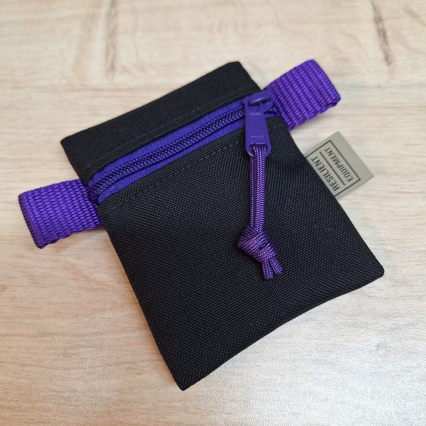 Black Mini Pouch with Purple Zip and Flouro Green Lining