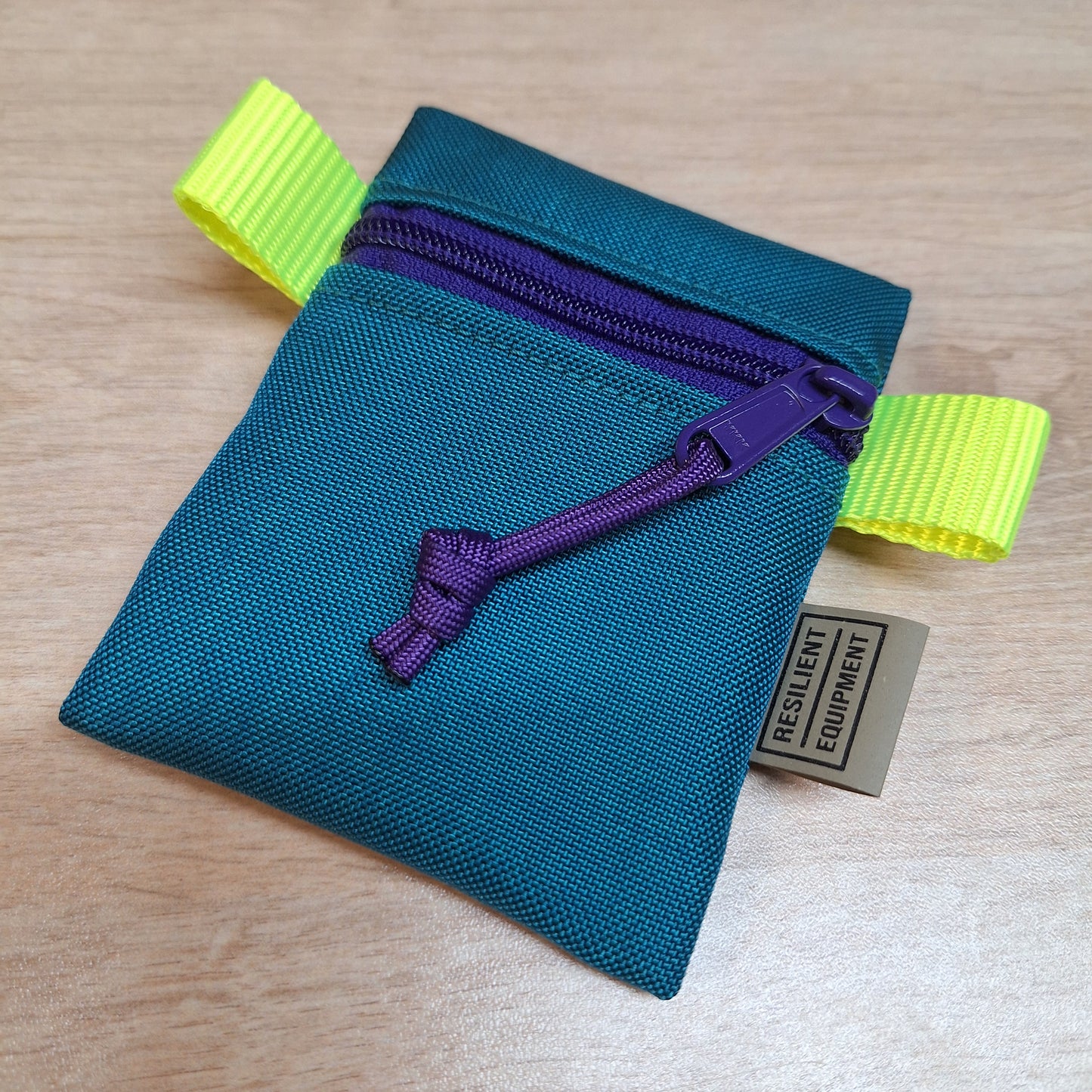 Turquoise Mini Pouch with Purple Zip and Luminous Yellow Tabs