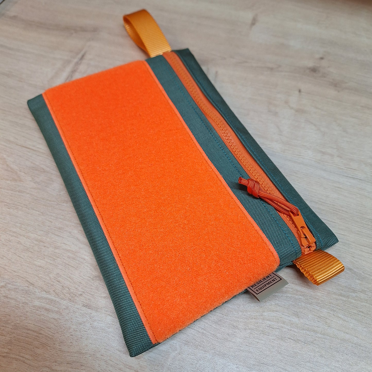 Bronze Green A5 Horizontal Pouch with Orange Zip and Loop Panel