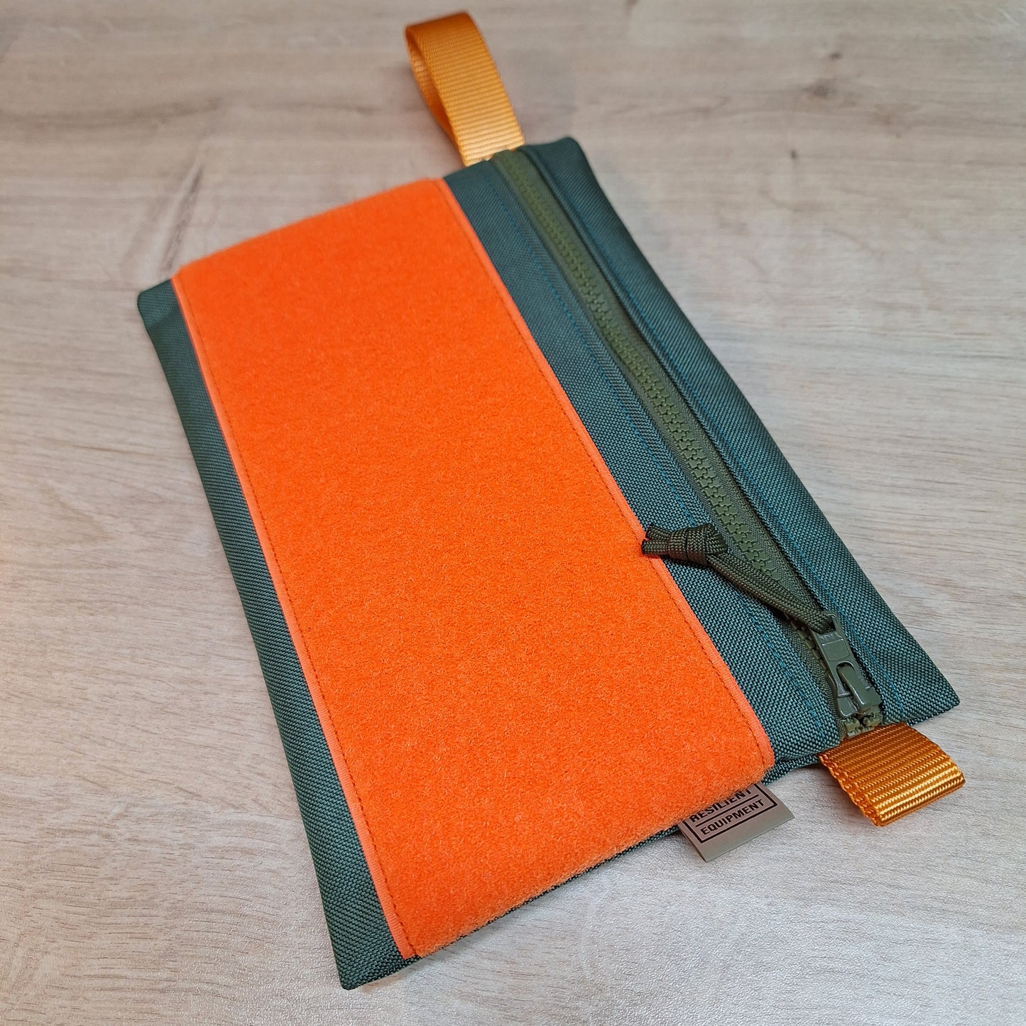 Bronze Green A5 Horizontal Pouch with Olive Zip and Orange Loop Panel