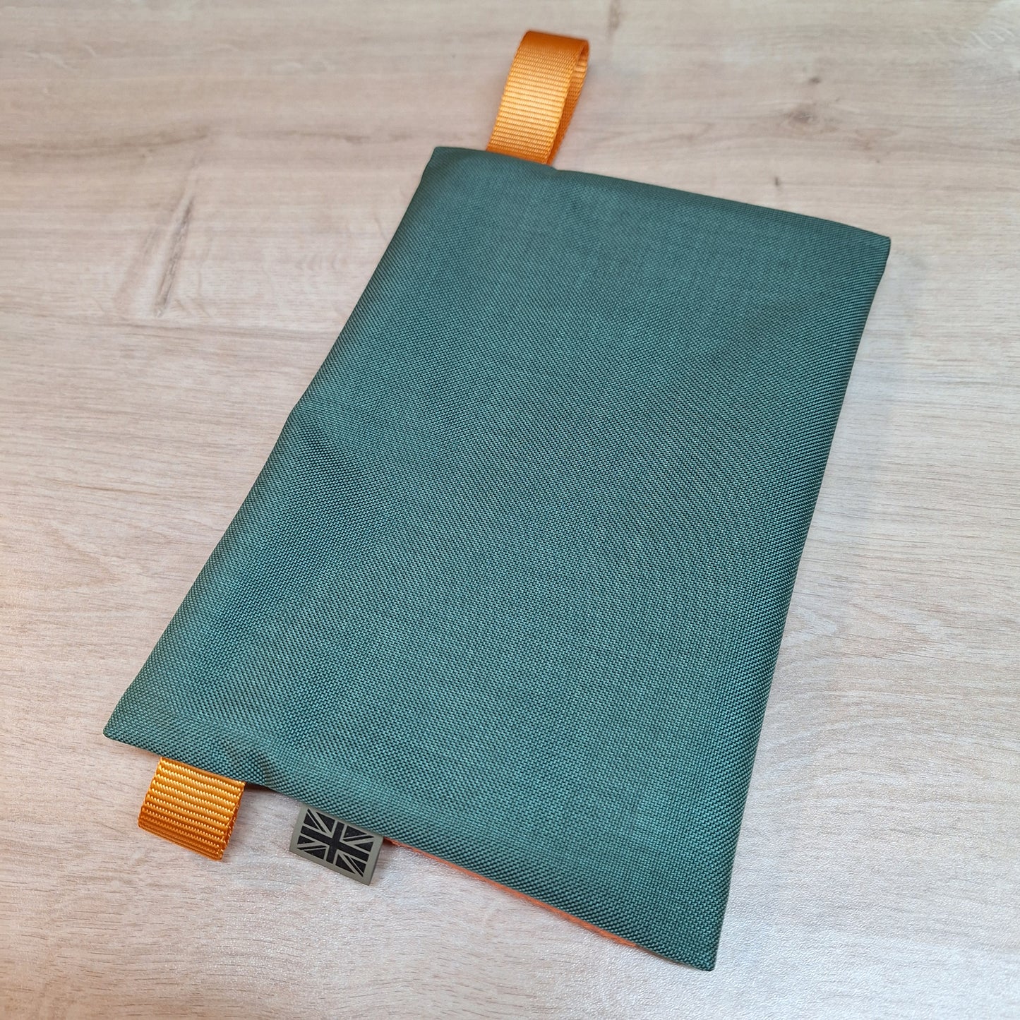 Bronze Green A5 Horizontal Pouch with Olive Zip and Orange Loop Panel