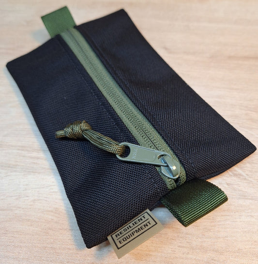 Black Small Centre Zip Pouch with Olive Green Zip