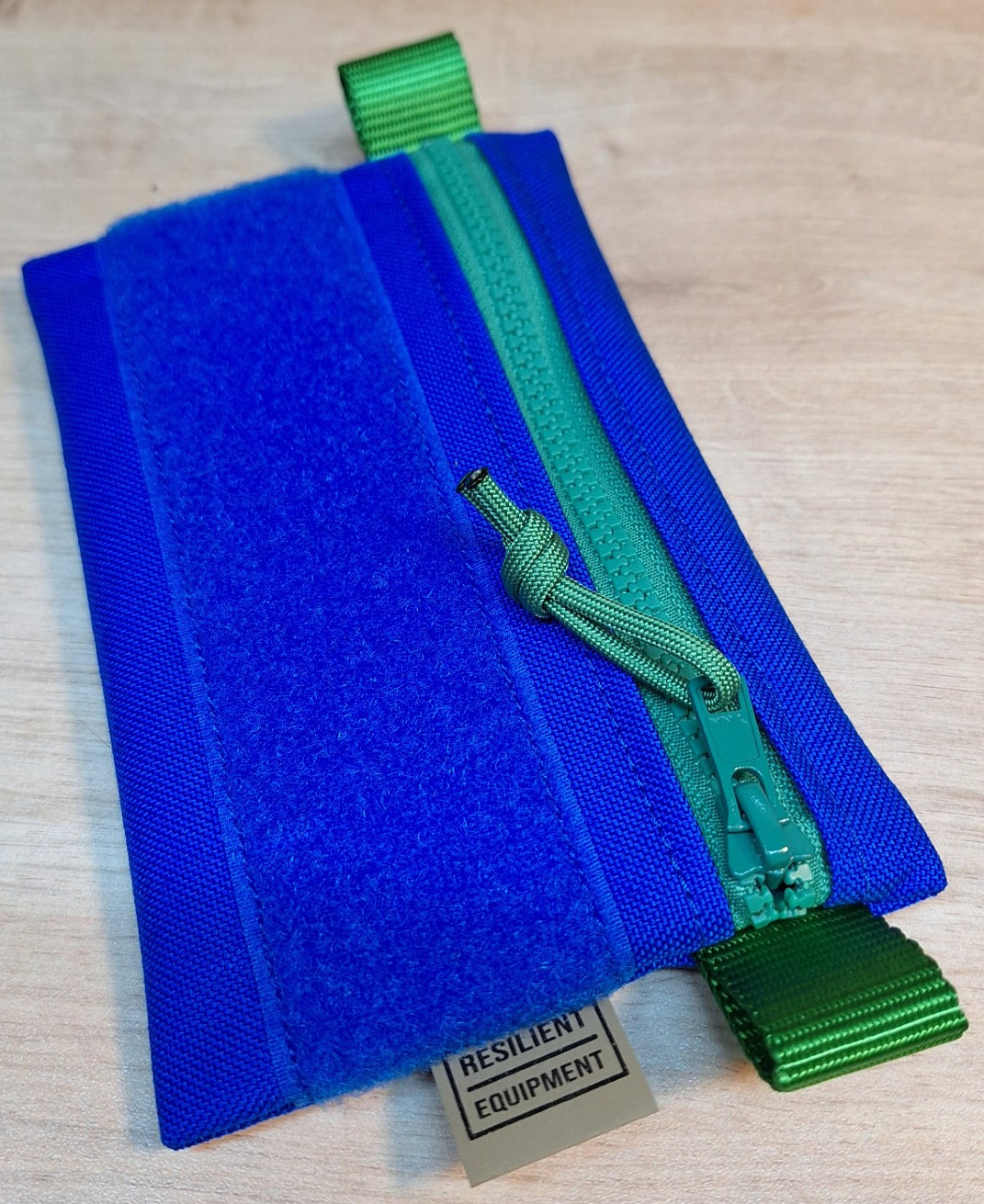 Blue Simple EDC Pouch with Green Zip and Tabs