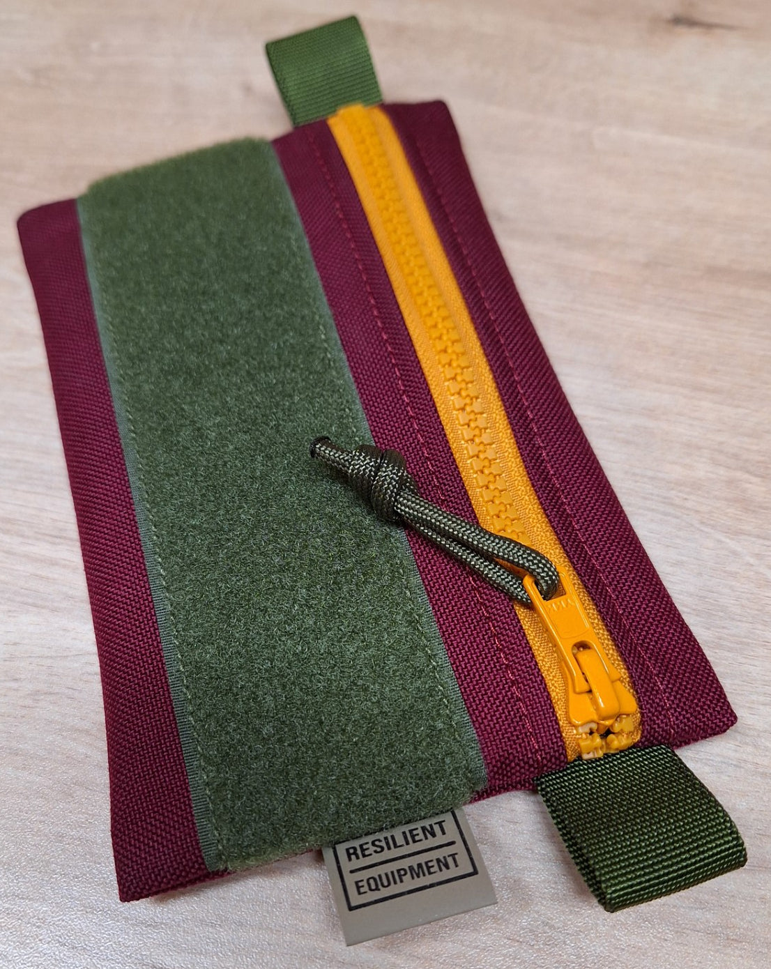 Burgundy Simple EDC Pouch with Gold Zip and Olive Velcro