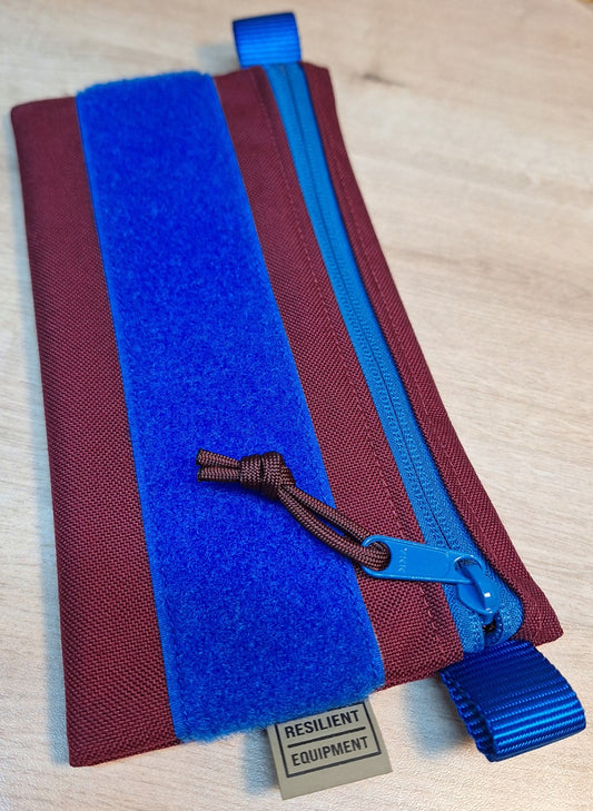 Burgundy License Pouch with Blue Zip and Velcro