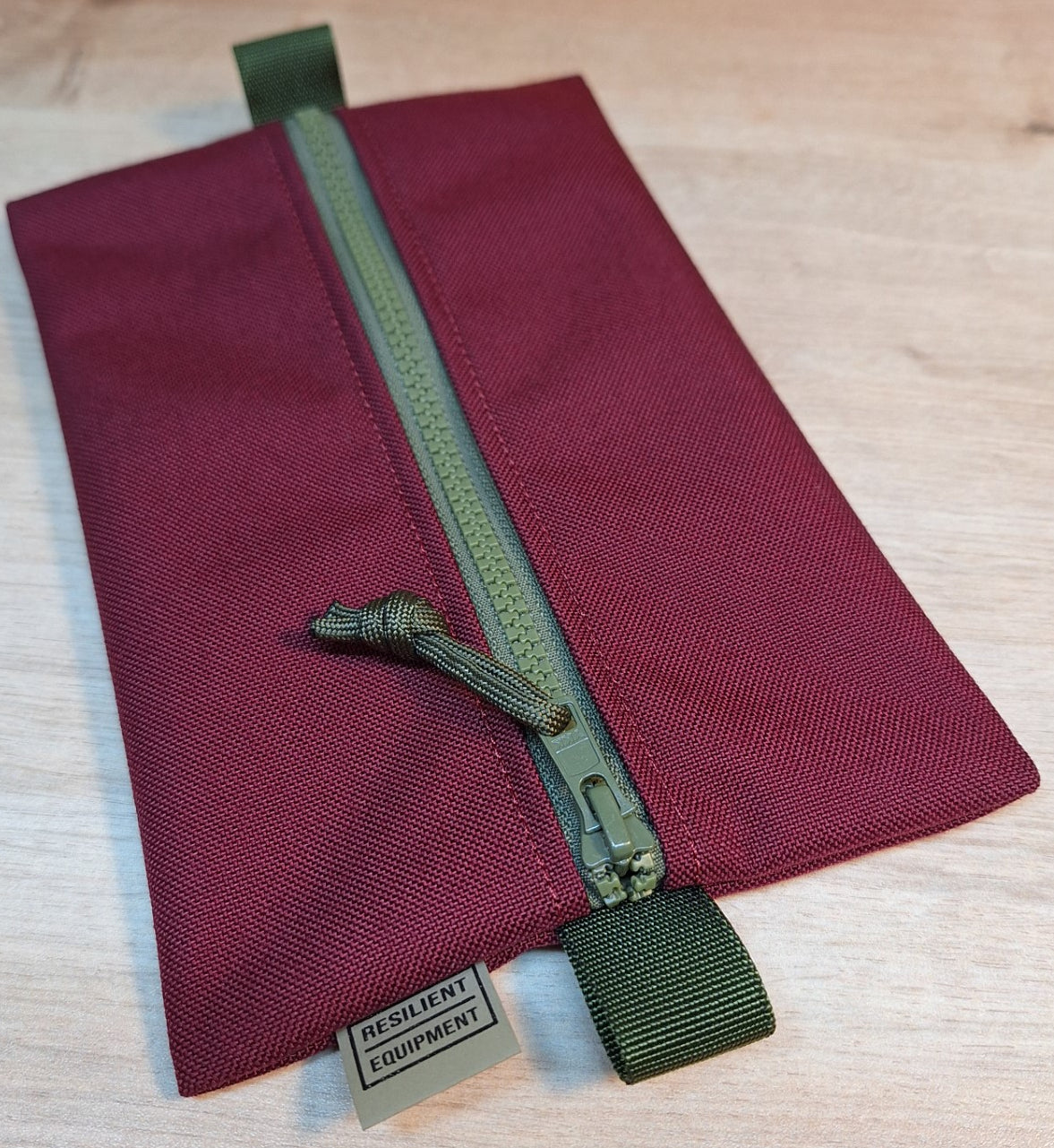 Burgundy Medium Centre Zip Pouch with Olive Zip