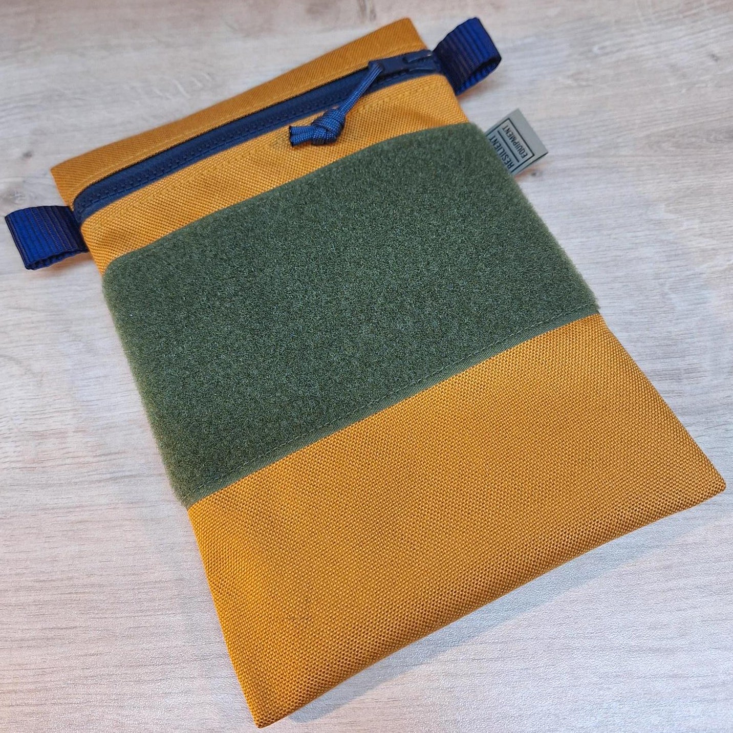 Gold Wide Vertical Pouch with Navy Zip and Olive Velcro