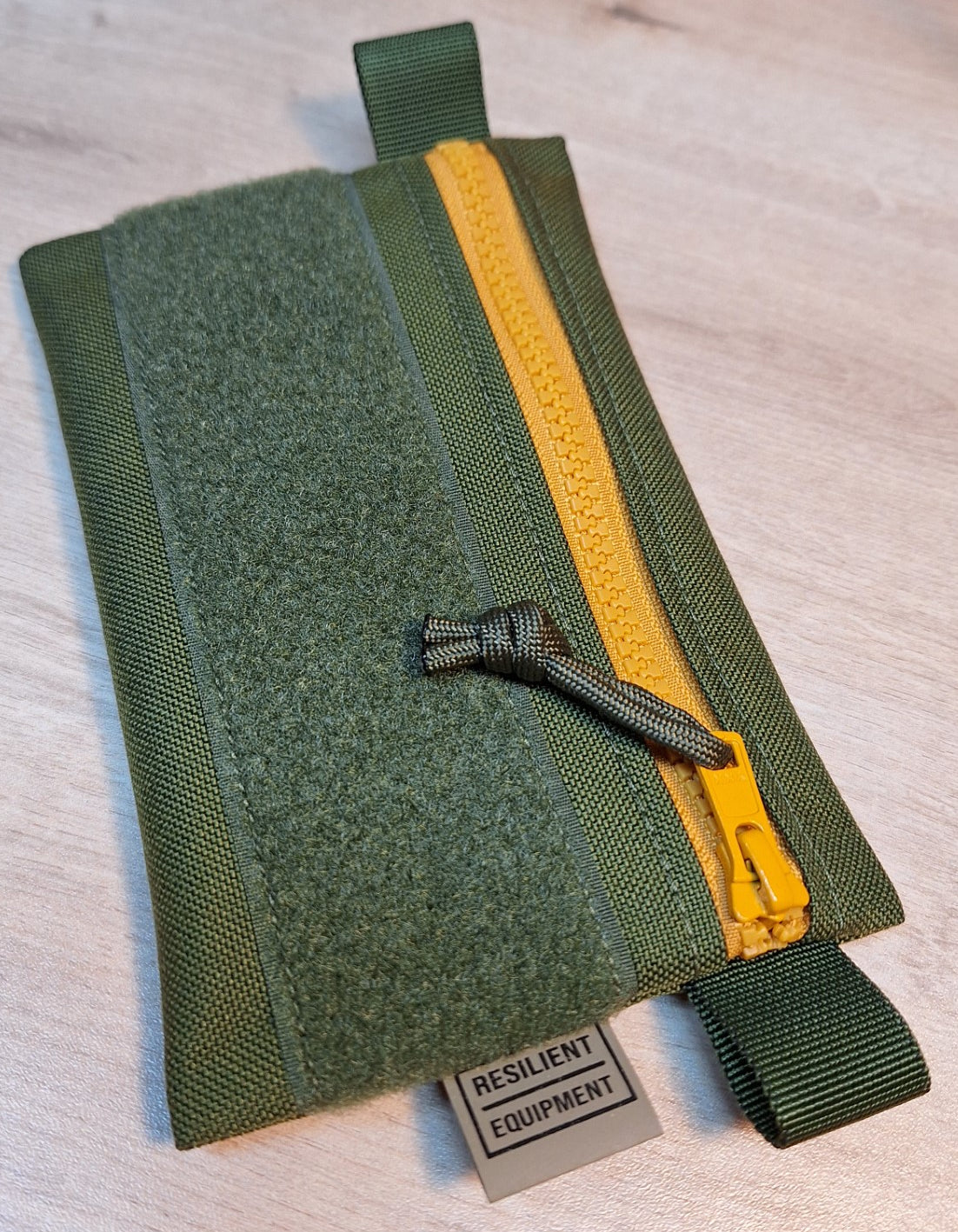 Olive Green Simple EDC Pouch with Gold Zip and Velcro