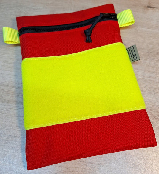 Red Wide Vertical Pouch with black zip and Fluoro Yellow Velcro